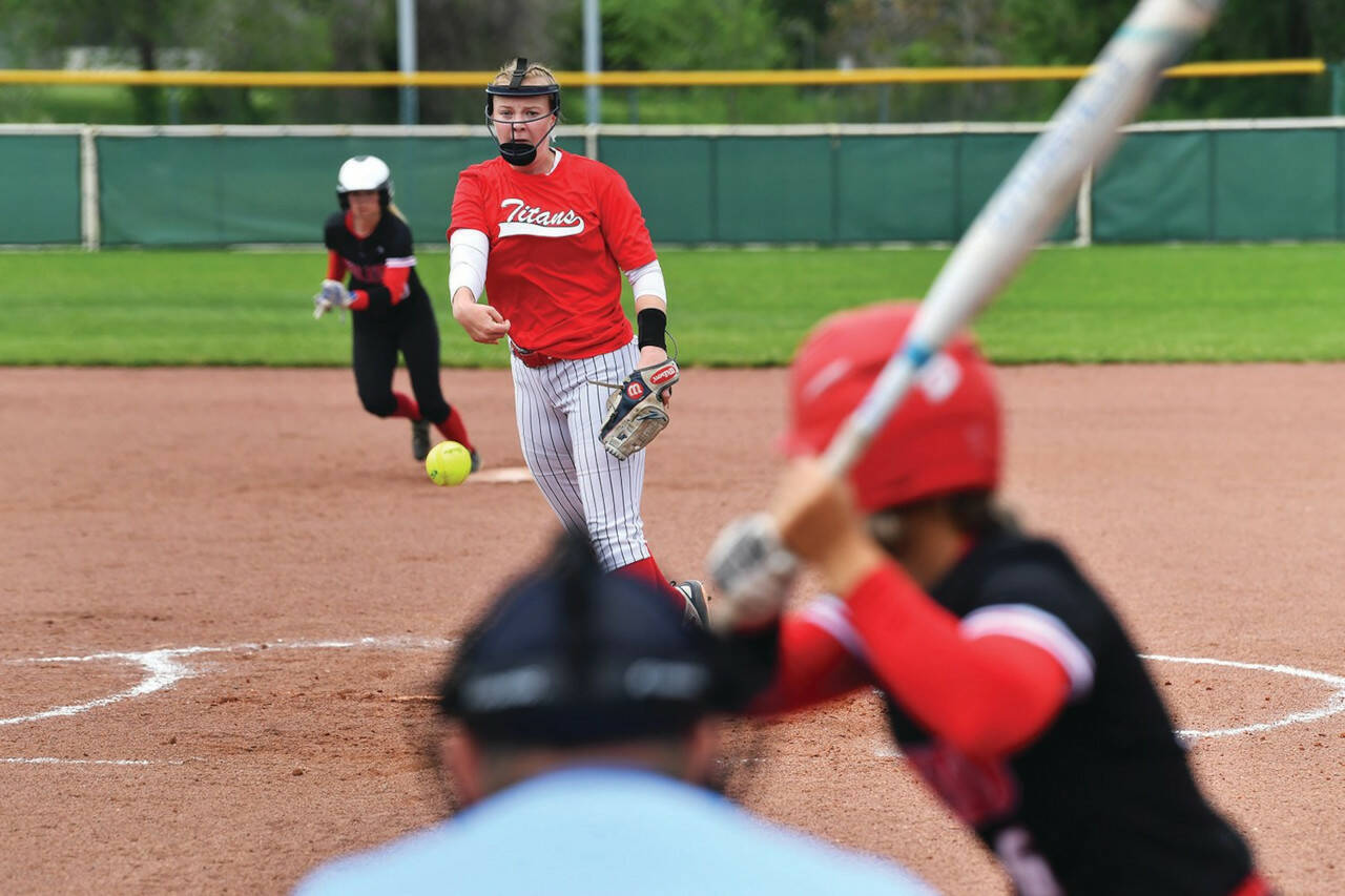 JORDAN NAILON | THE DAILY NEWS PWV’s Olivia Matlock pitches against Toledo in the 2B state softball tournament quarterfinals on Friday in Yakima.