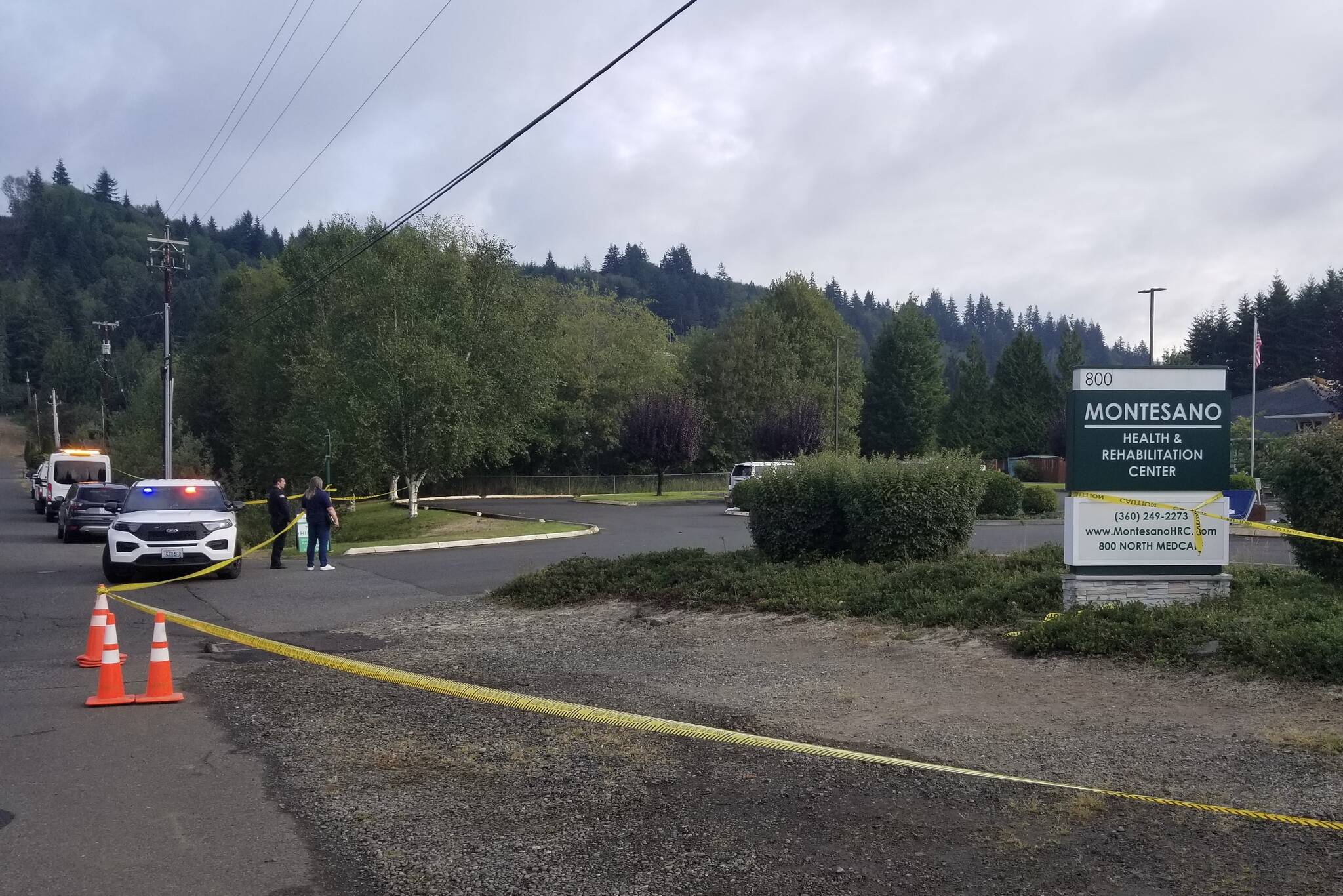 The Montesano Health and Rehabilitation Center was cordoned off Thursday morning, Sept. 15, 2022, following a fire on Wednesday, Sept. 14. (Allen Leister | The Daily World)