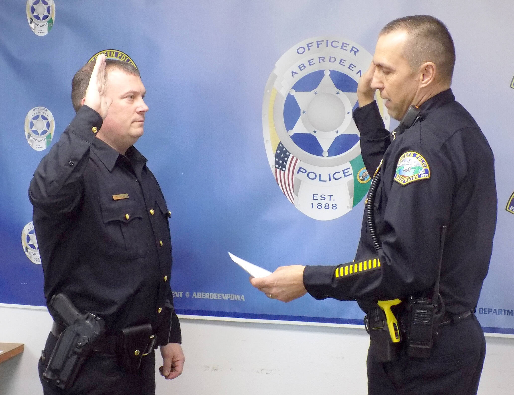 Provided photo
Dale Green, left, with then-Aberdeen Police Chief Steve Shumate, seen being sworn in as police commander in February 2020. When Shumate retired June 30, Green became APD’s interim police chief. Green could become APD’s chief of police with an Aberdeen City Council vote on Wednesday, Sept. 28.