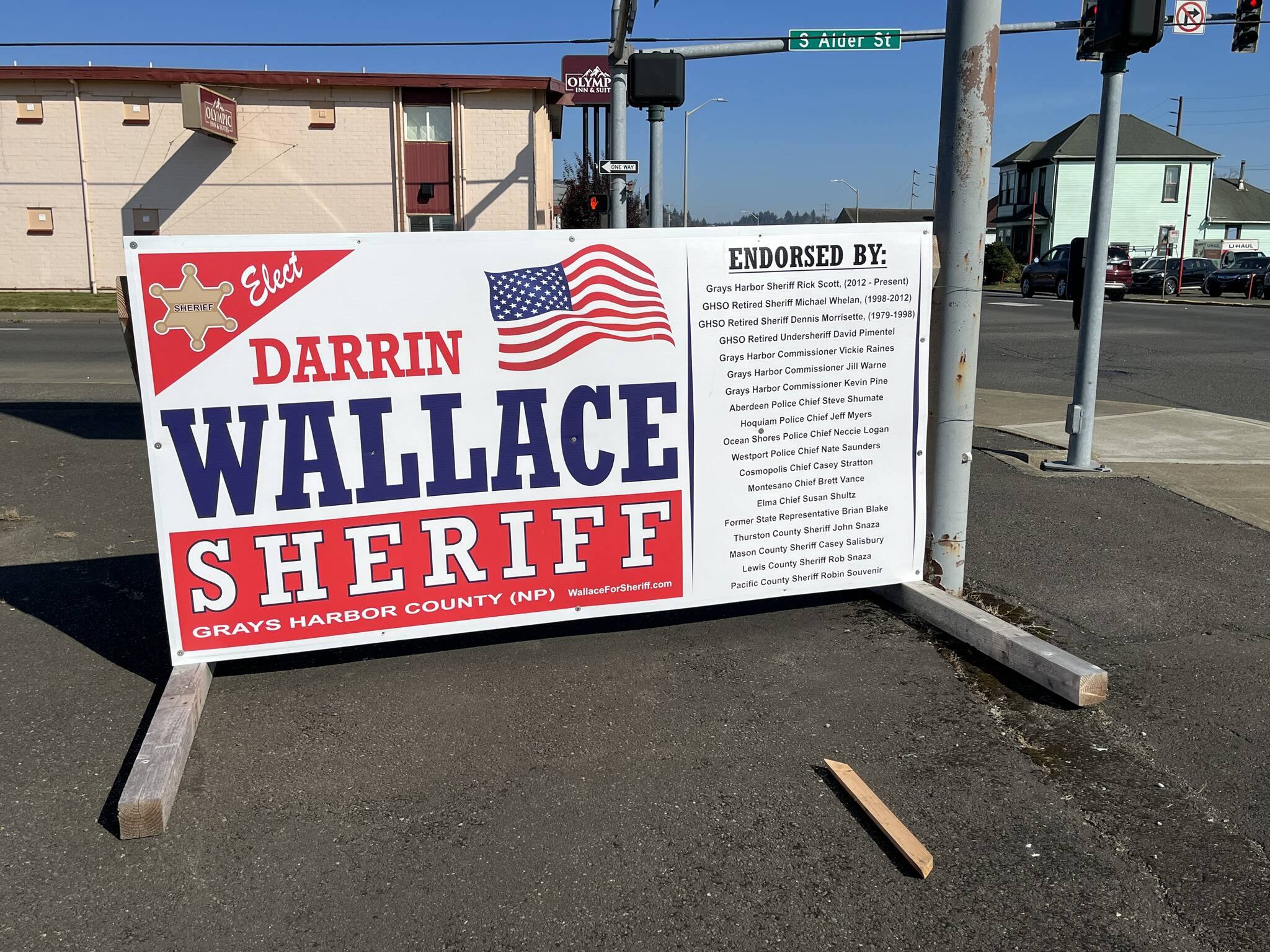 Matthew N. Wells | The Daily World 
Michael Catlett alleges in his Election Interference letter that the endorsement sign for Darrin Wallace on the corner of Heron and Alder Street in Aberdeen contributed to his belief that there is a “concerted effort to prevent him from being elected” as the next Grays Harbor County Sheriff