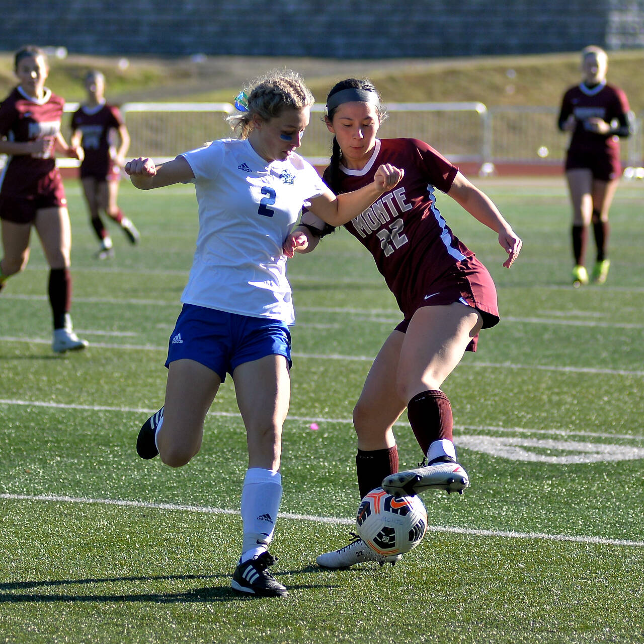 DAILY WORLD FILE PHOTO
Montesano midfielder Bethanie Henderson (22) dribbles against Lakeside (Nine Mile Falls) midfielder Jaidynn MacDonald during the Bulldogs’ 1-0 victory in a 1A State quarterfinal matchup on Saturday in Montesano. The Bulldogs will face No. 1 Klahowya in the semifinals on Friday in Shoreline.