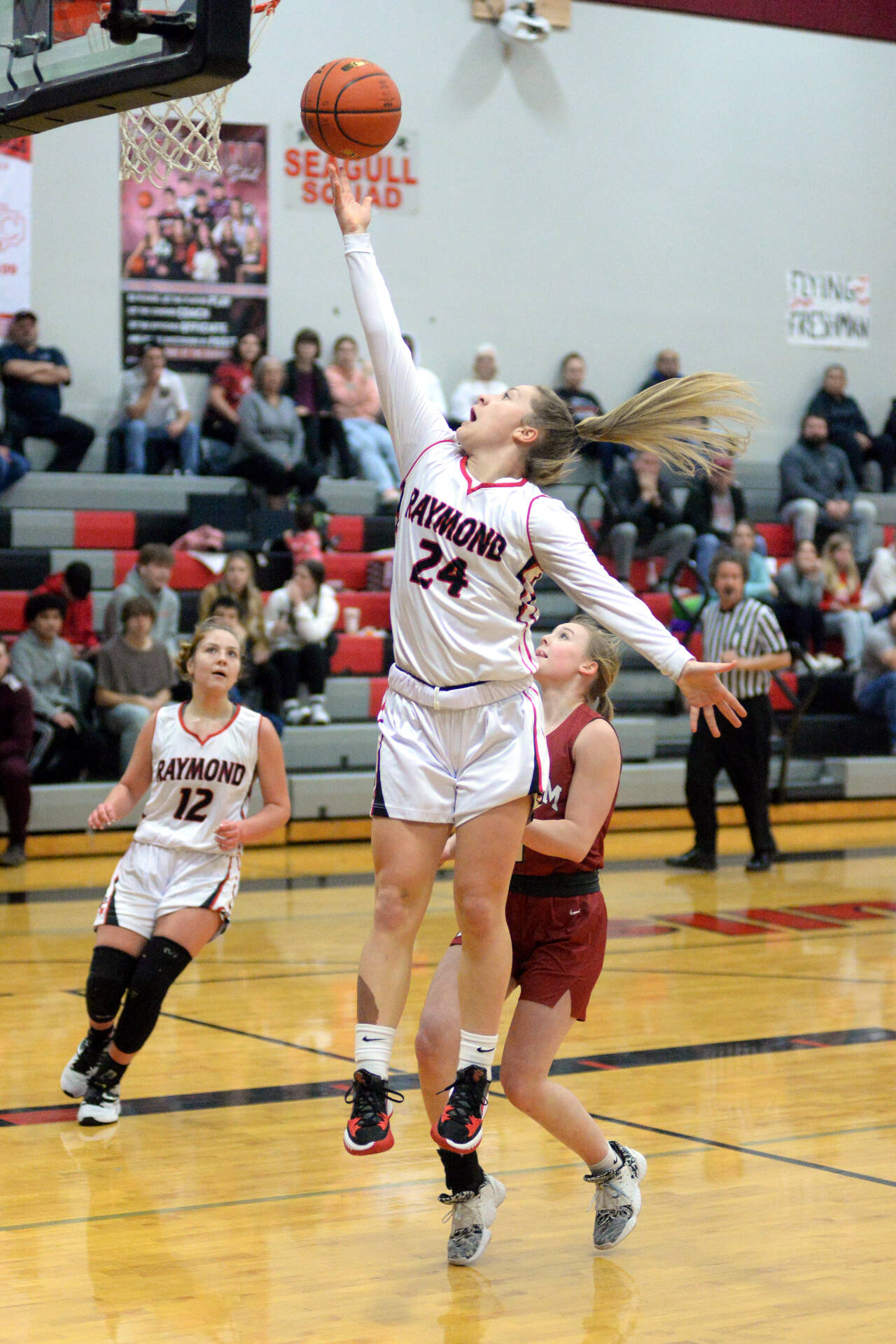 RYAN SPARKS | THE DAILY WORLD Raymond sophomore guard Karsyn Freeman glides to the basket to score two of her game high 26 points during the Seagulls’ 50-27 win over Hoquiam in the Raymond Holiday Classic on Tuesday.