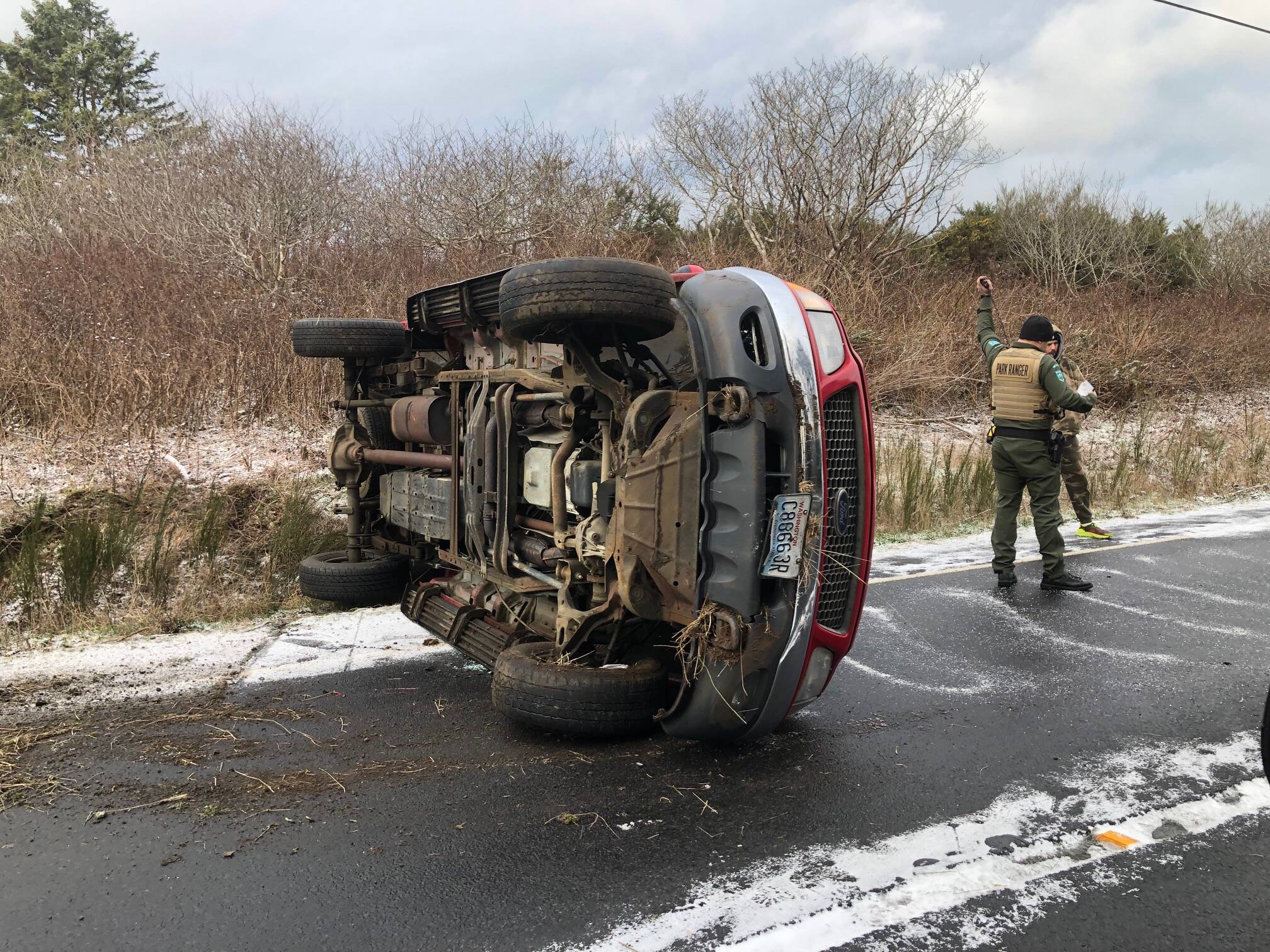 Icy conditions may have contributed to a number of motor vehicle crashes across the county on Wednesday night and Thursday morning, including this one at about 8:30 a.m. Thursday on state Route 105 north of Grayland. (Michael Wagar / The Daily World)