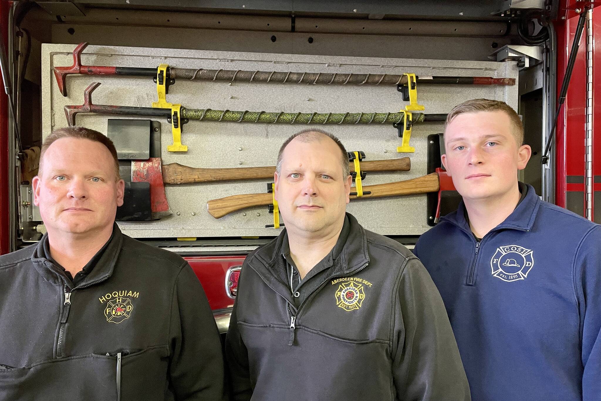 From left to right, Hoquiam Fire Chief Matt Miller, Aberdeen Fire Chief Dave Golding and Cosmopolis Fire Chief Nick Falley are the chiefs of three departments proposing consolidation into a single regional fire authority in Central Grays Harbor. (Michael S. Lockett / The Daily World)