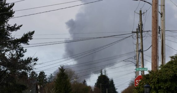 The smoke plume from a structure fire in Hoquiam rises on the morning of Feb. 17. Photo: Michael S. Lockett