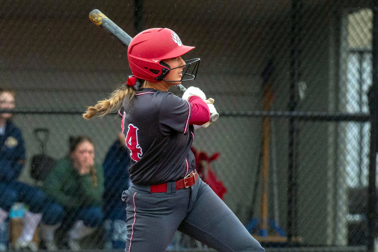 PHOTO BY FOREST WORGUM Hoquiam’s Faith Prosch smacks one of her three hits in a 16-5 win over Cedar Park Christian on Friday in Montesano.