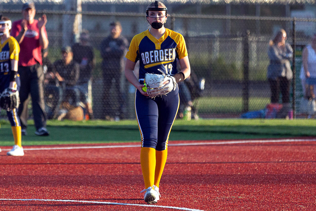 ALEC DIETZ / THE CHRONICLE 
Aberdeen pitcher Lilly Camp reacts after recording an out in a 2-0 win over W.F. West on Wednesday at Rec Park in Chehalis.