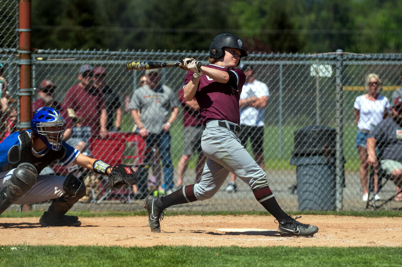 PHOTO BY FOREST WORGUM 
Montesano outfielder Christian Olsen collects one of the Bulldogs’ four hits during a 9-0 loss to La Center in the 1A District 4 Championship game on Saturday at Castle Rock High School.