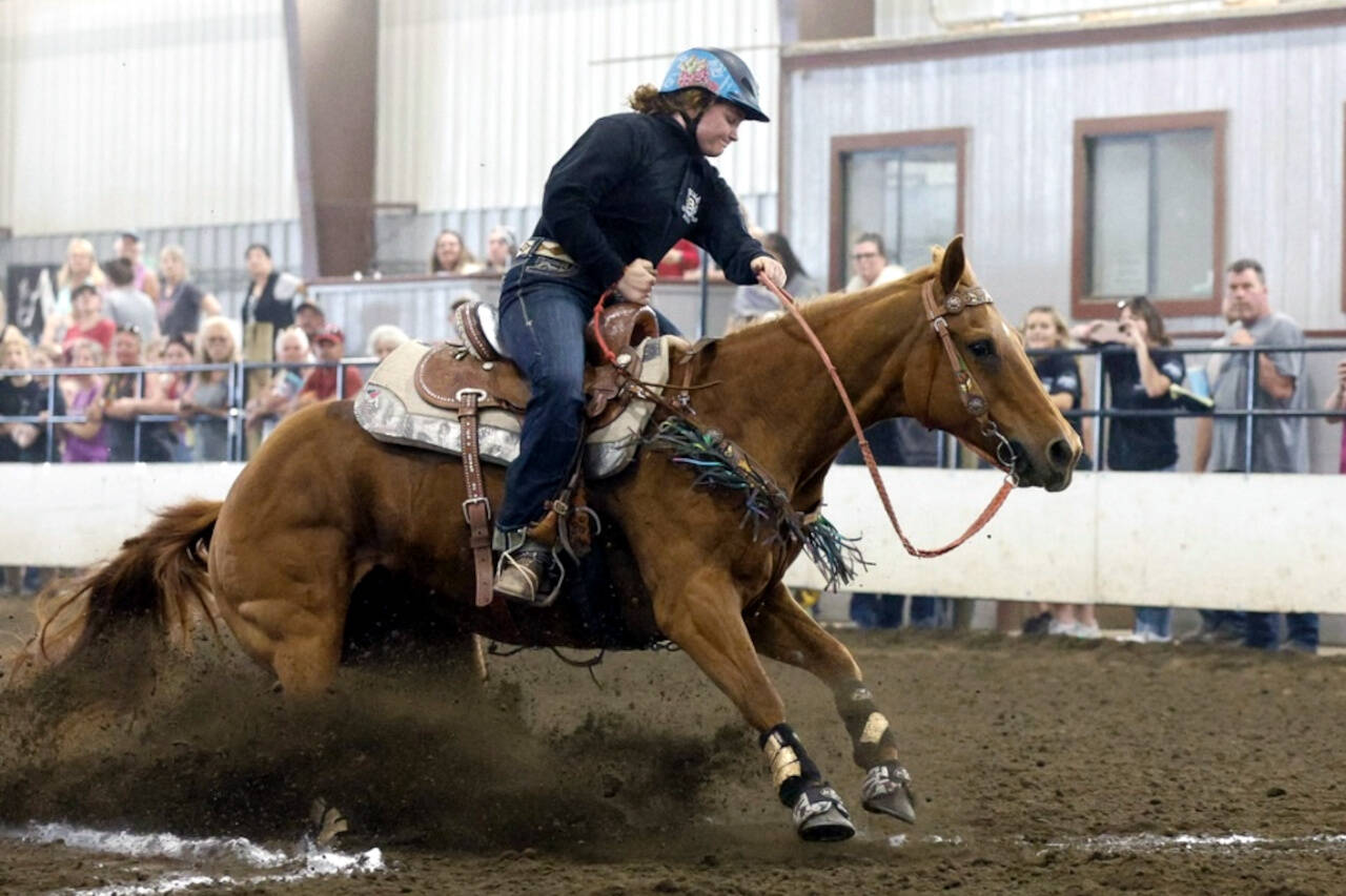 PHOTO COURTESY OF SIERRABREEZE PHOTOGRAPHY 
Elma equestrian team’s Emmie Spencer and her horse Shorty broke a state record in the Keyhole event at the WASHET State Championships May 19-21 in Moses Lake.