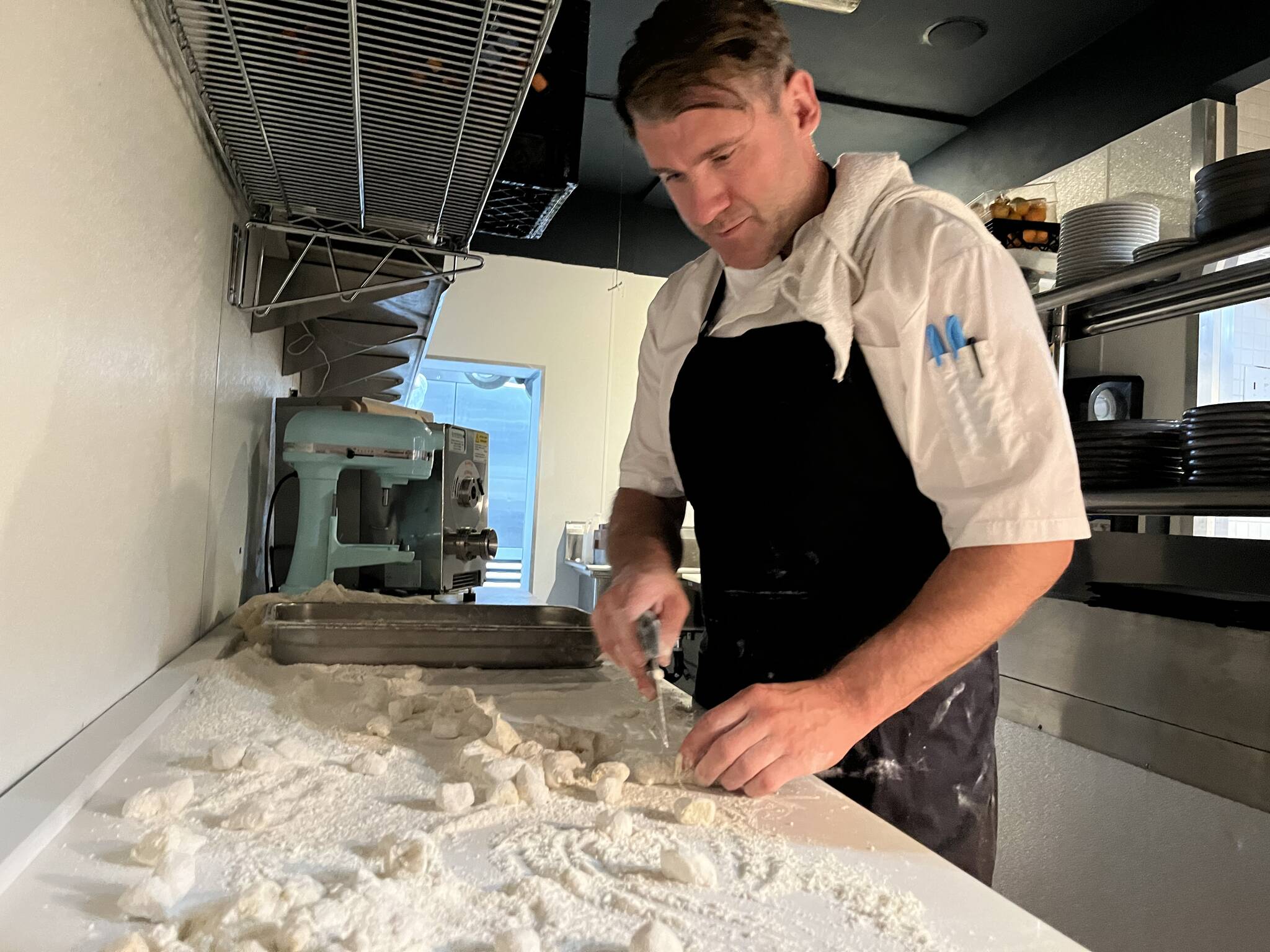 Matthew N. Wells / The Daily World
Andy Bickar, owner and executive chef at Rediviva, prepares gnudi and his sourdough focaccia Saturday afternoon. The sourdough focaccia is one of the most craved appetizers at Rediviva. Sometimes, the freshly-baked bread loaf turns into an entree, but that’s just fine.