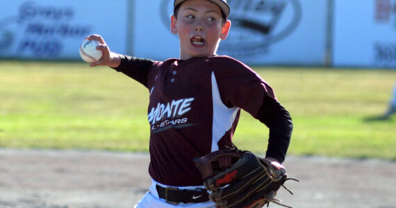 RYAN SPARKS | THE DAILY WORLD 
Montesano Little Leaguer Madden Maruska throws a pitch during a 9-3 loss to Larch Mountain in a District 3 8-10 championship game on Thursday at Lloyd Murrey Park in Elma.