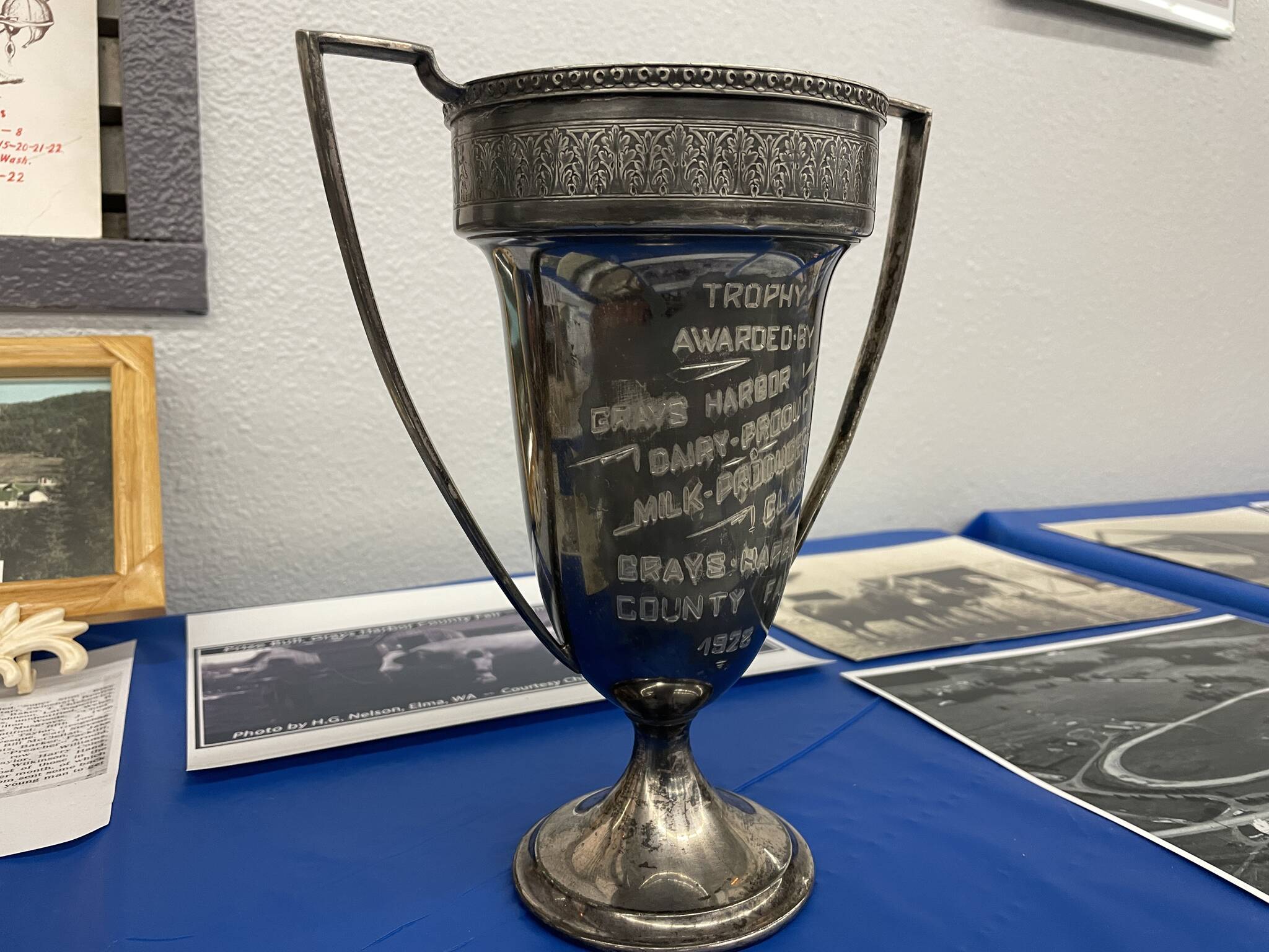 A 1928 trophy was one of a wealth of historical material collected over the years telling the story of the Grays Harbor County Fair . (Michael S. Lockett / The Daily World)