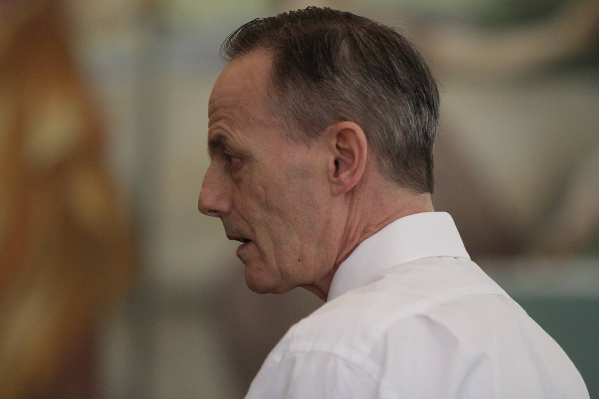 Michael Robert Moore, 58, looks on during his trial for murder at the Grays Harbor County Courthouse on August 18. (Michael S. Lockett / The Daily World file)