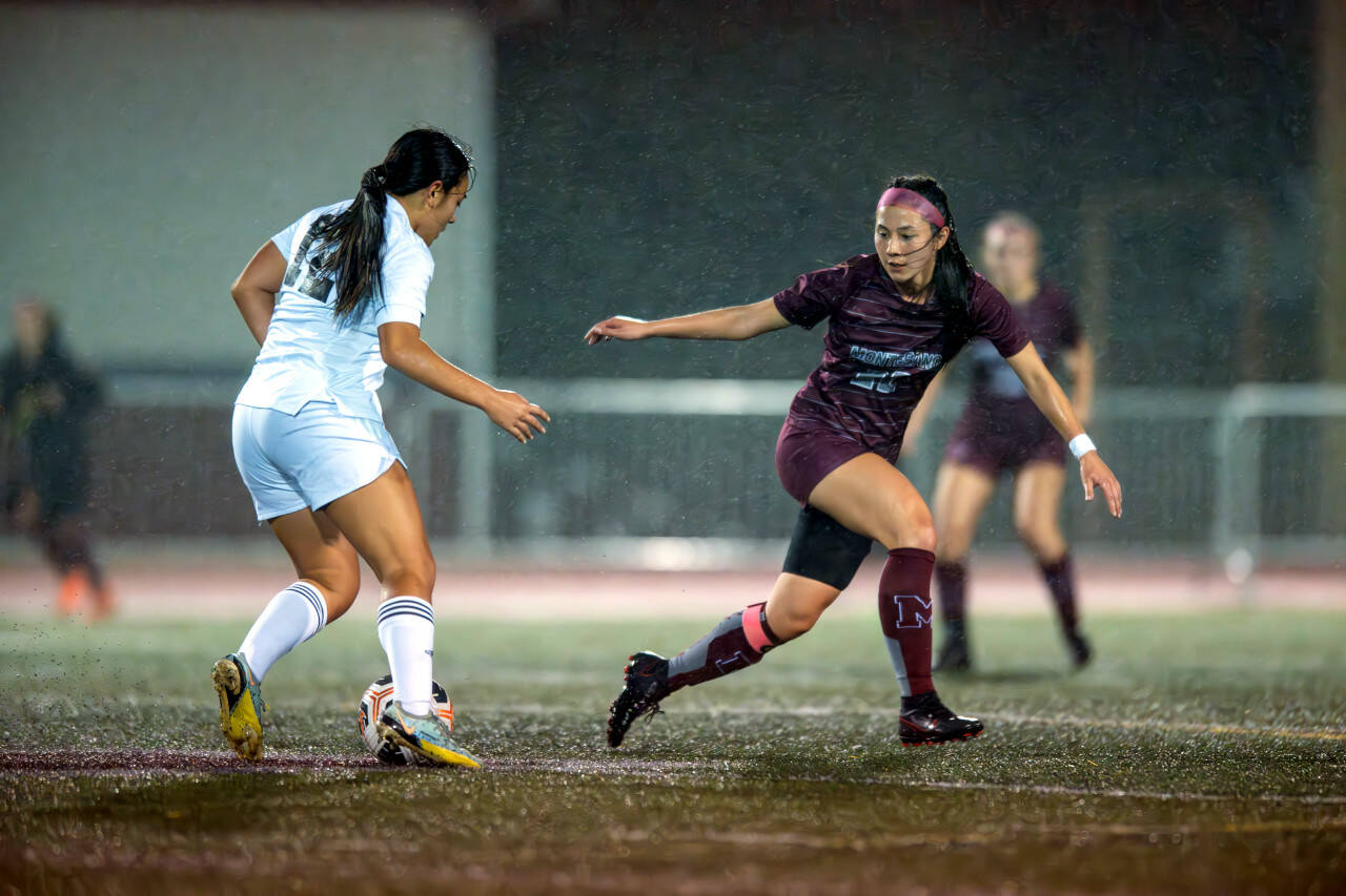 PHOTO BY FOREST WORGUM Montesano midfielder Bethanie Henderson (22) defends during the Bulldogs’ 6-1 win over Evergreen (Vancouver) on Tuesday at Jack Rottle Field in Montesano.