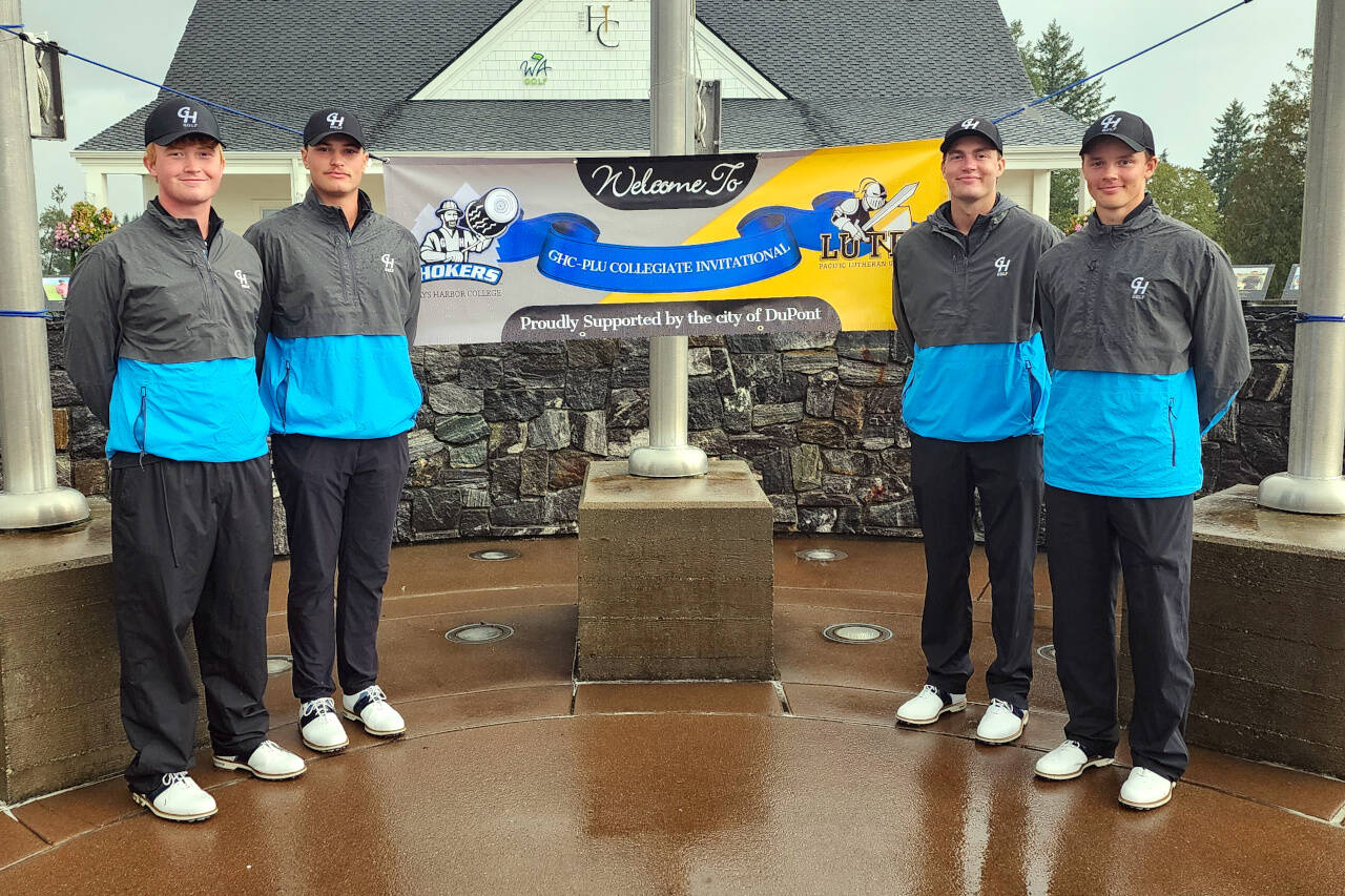 SUBMITTED PHOTO Grays Harbor College men’s golf team members (from left) Hayden Hayes, Brett Wasson, Rasmus Tamker and Cole Wasson pose for a photo at the GHC-PLU Collegiate Open on Monday at The Home Course in DuPont.