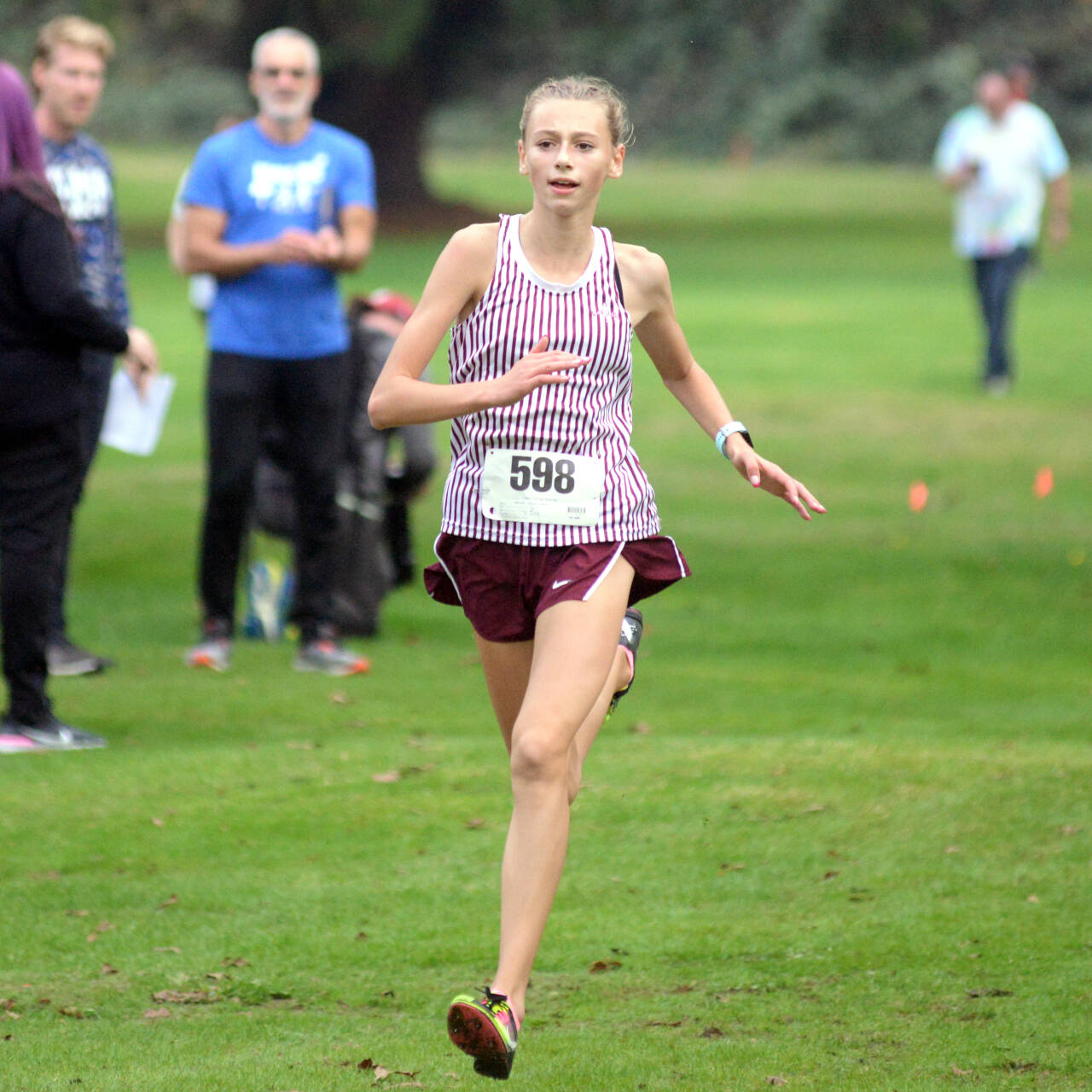 DAILY WORLD FILE PHOTO Montesano’s Haley Schweppe, seen here in a file photo from Oct. 19, won the 1A District 4 Championship with a blistering time of 18:29 on Thursday at the Lewis River Golf Course in Woodland.