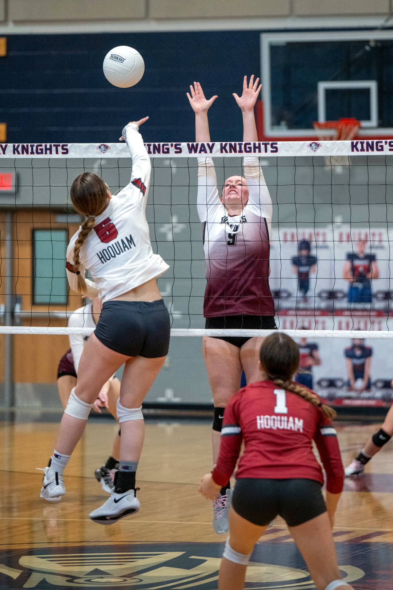 PHOTO BY FOREST WORGUM Montesano’s Kylee Wisdom (9) defends a shot by Hoquiam’s Faith Prosch during the Bulldogs’ 3-0 win in a 1A District 4 elimination game on Saturday in Vancouver.