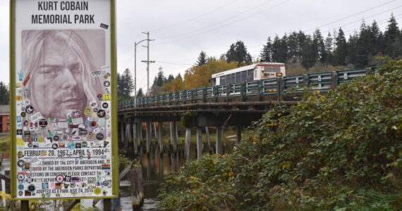 Matthew N. Wells / The Daily World
A view of Kurt Cobain Memorial Park shows a Grays Harbor Transit bus as it rolls north across Young Street Bridge. While the park shouldn’t receive an impact from any potential bridge replacement, the bridge itself may go away in the next few years. The city hired consultants in September. Some of the consultants’ preliminary investigative work begins Monday. The work will cause lane closures on Young Street.