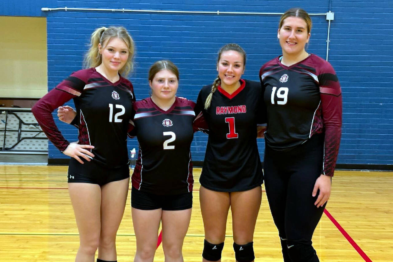 SUBMITTED PHOTO Ocosta’s Samantha Schlegel (12), Brynn Rasmus (2) and Alexia Bradley (19) pose for a photo with Raymond-South Bend’s Kyndal Koski (1) at the Senior All-State Match on Sunday at Burlington-Edison High School.