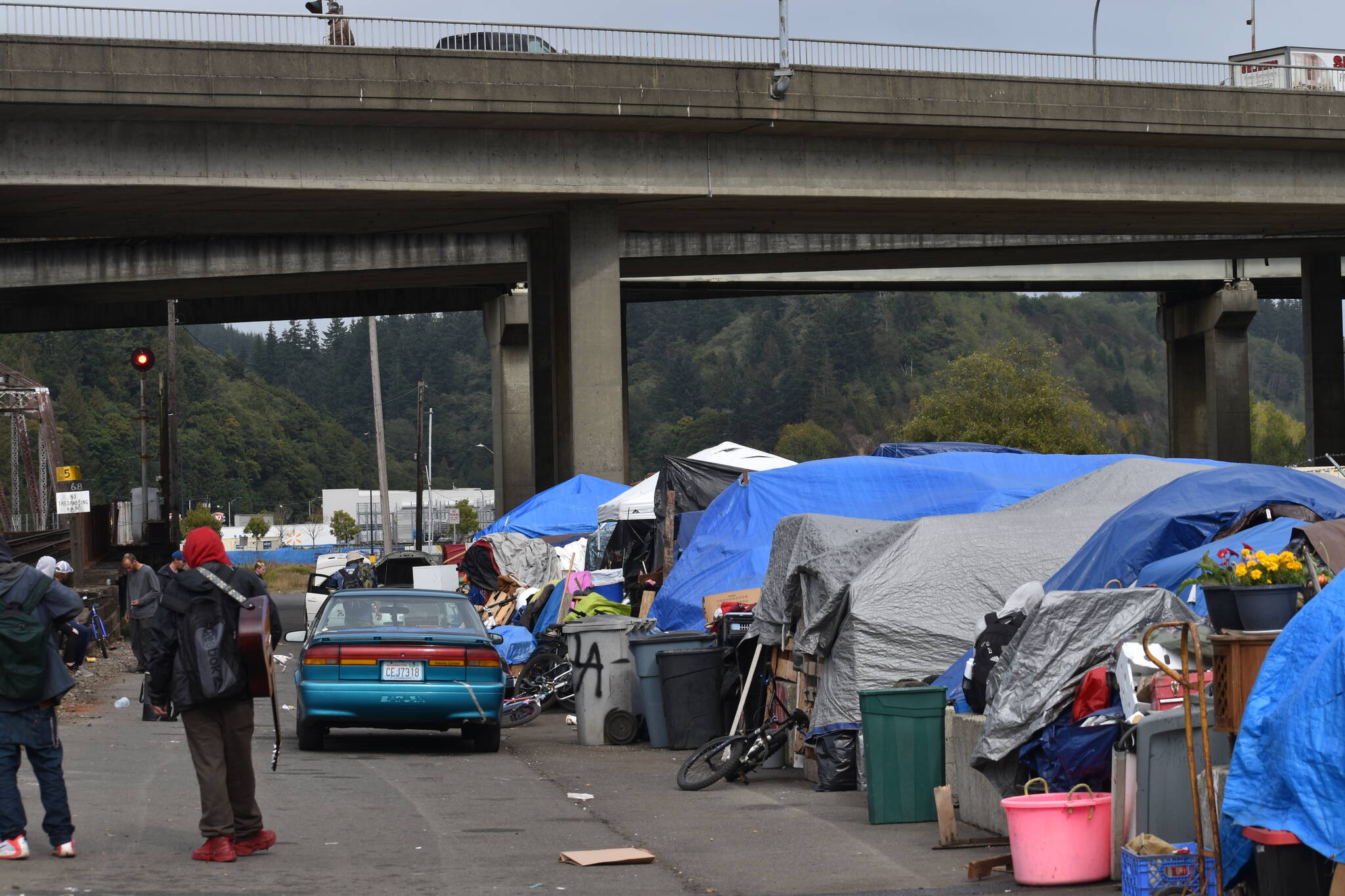 Pictured in 2023, the largest homeless encampment in Grays Harbor County is near River Street and the Chehalis River bridge in Aberdeen. (The Daily World file photo)