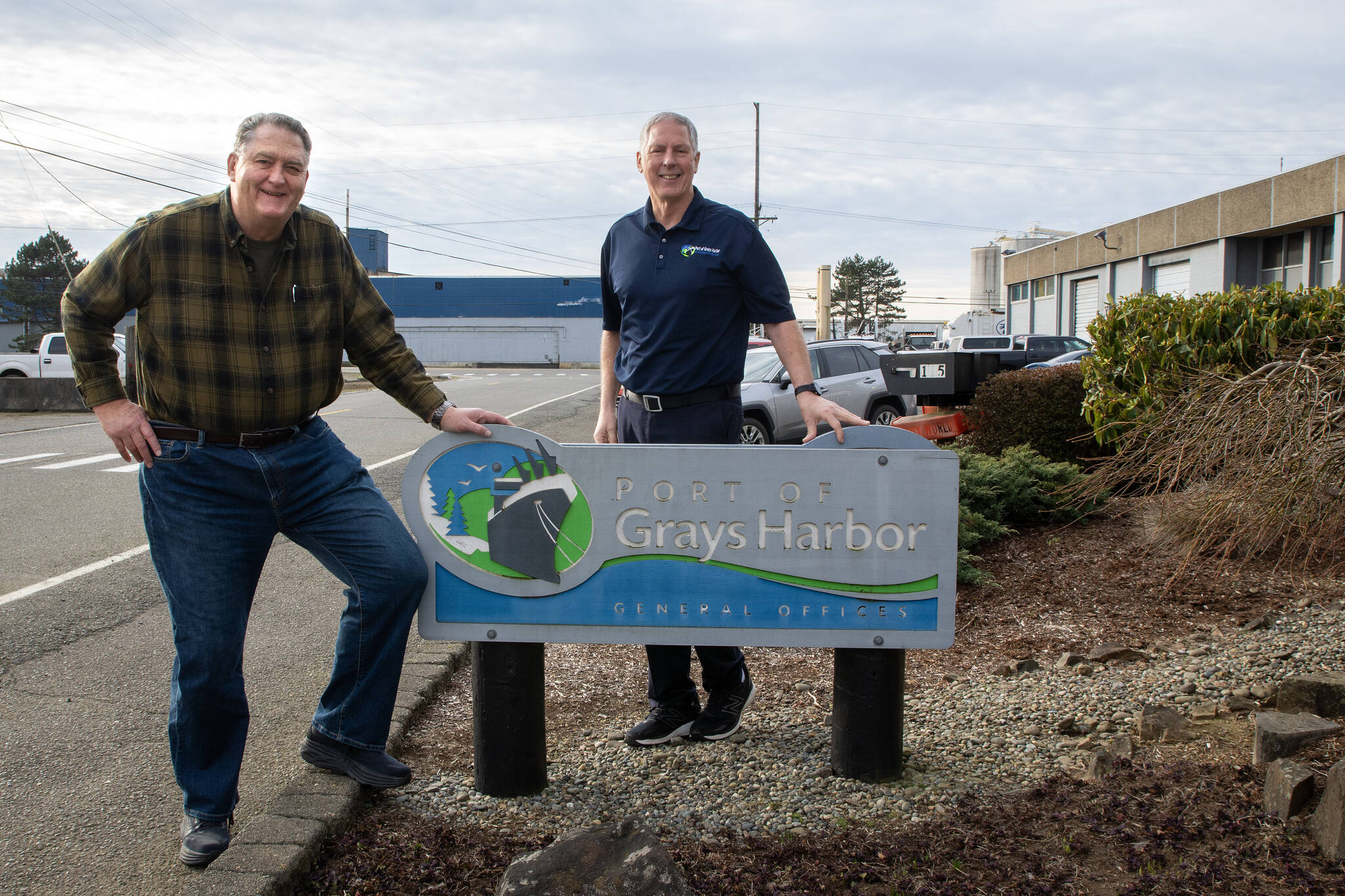 Gary Nelson, left, is retiring as the executive director of the Port of Grays Harbor as Leonard Barnes, right, steps into the position. (Courtesy photo / POGH)