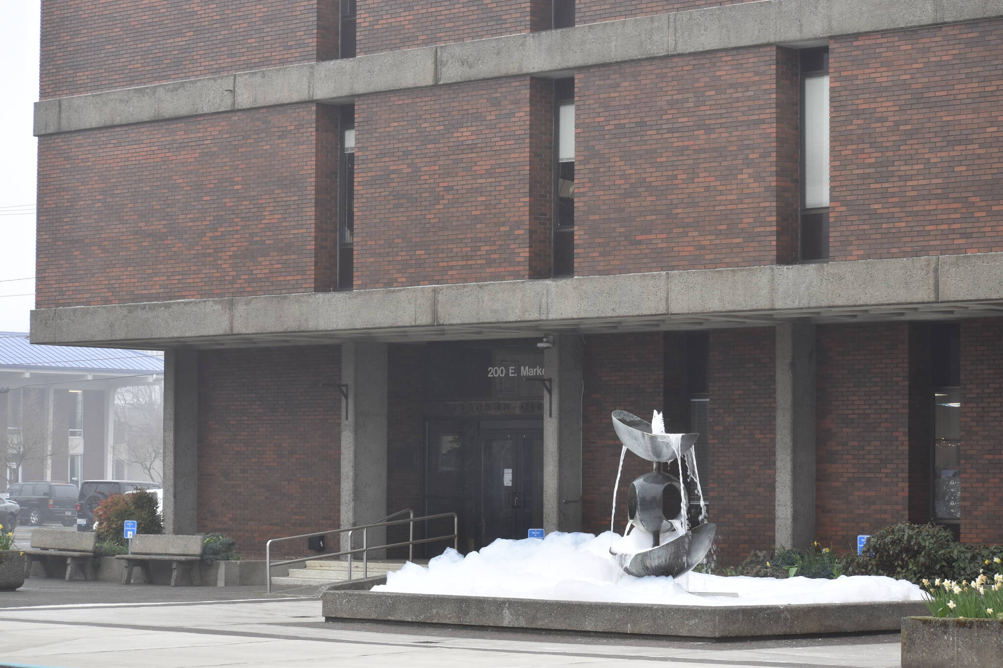 Bubbles foam in the fountain outside Aberdeen City Hall on March 19. Aberdeen City Council will meet for a workshop to discuss homelessness at 6 p.m. on Wednesday, March 20. (Clayton Franke / The Daily World)