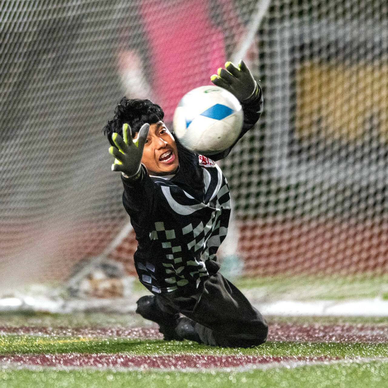 PHOTO BY FOREST WORGUM Raymond South Bend goaltender Miguel Perez makes a save in a penalty shootout against Montesano on Friday at Jacques Lautre Field in Montesano.