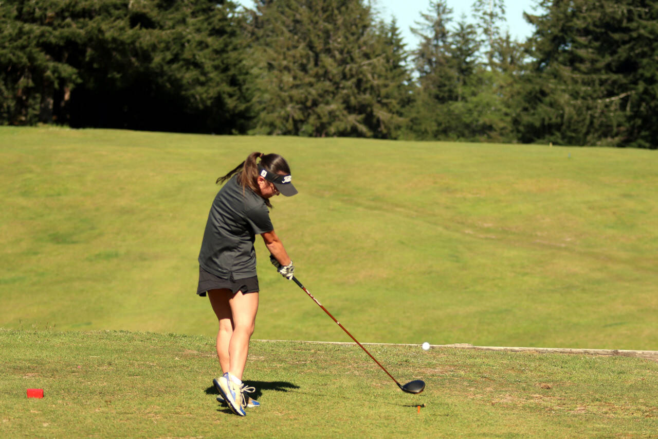 SUBMITTED PHOTO Montesano’s Hailey Blancas takes a tee shot during a match against Hoquiam on Thursday in Cosmopolis.