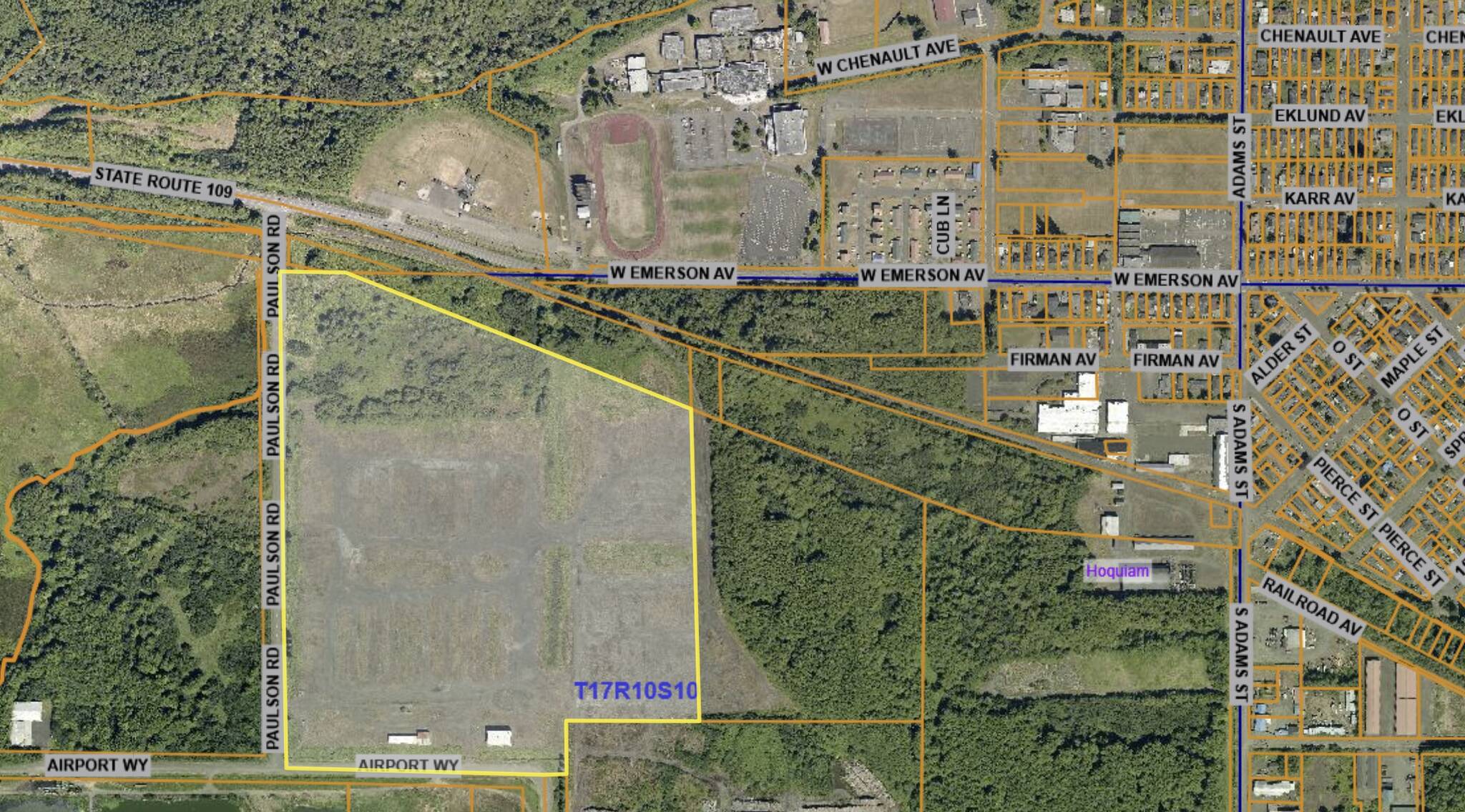 Grays Harbor County Assessor
A wood pellet manufacturing facility proposed for 411 Moon Island Road in Hoquiam, outlined in yellow, received approval from the Olympic Region Clean Air Agency five months after a public hearing raised a number of concerns over the proposal.