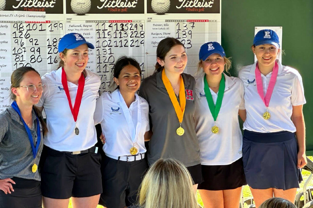 SUBMITTED PHOTO The top six placers at pose for a photo at the conclusion of the 1A District 4 Girls Golf Tournament on Tuesday in Tumwater. Pictured are (from left) district-champion Hailey Blancas of Montesano, runner-up Olivia Moore of Elma, Elma’s Sophia Hamilton, Hoquiam’s Eva Jump, Elma’s Camberly Burgess and Elma’s Aubrey Moore. All six qualified for next week’s state tournament.