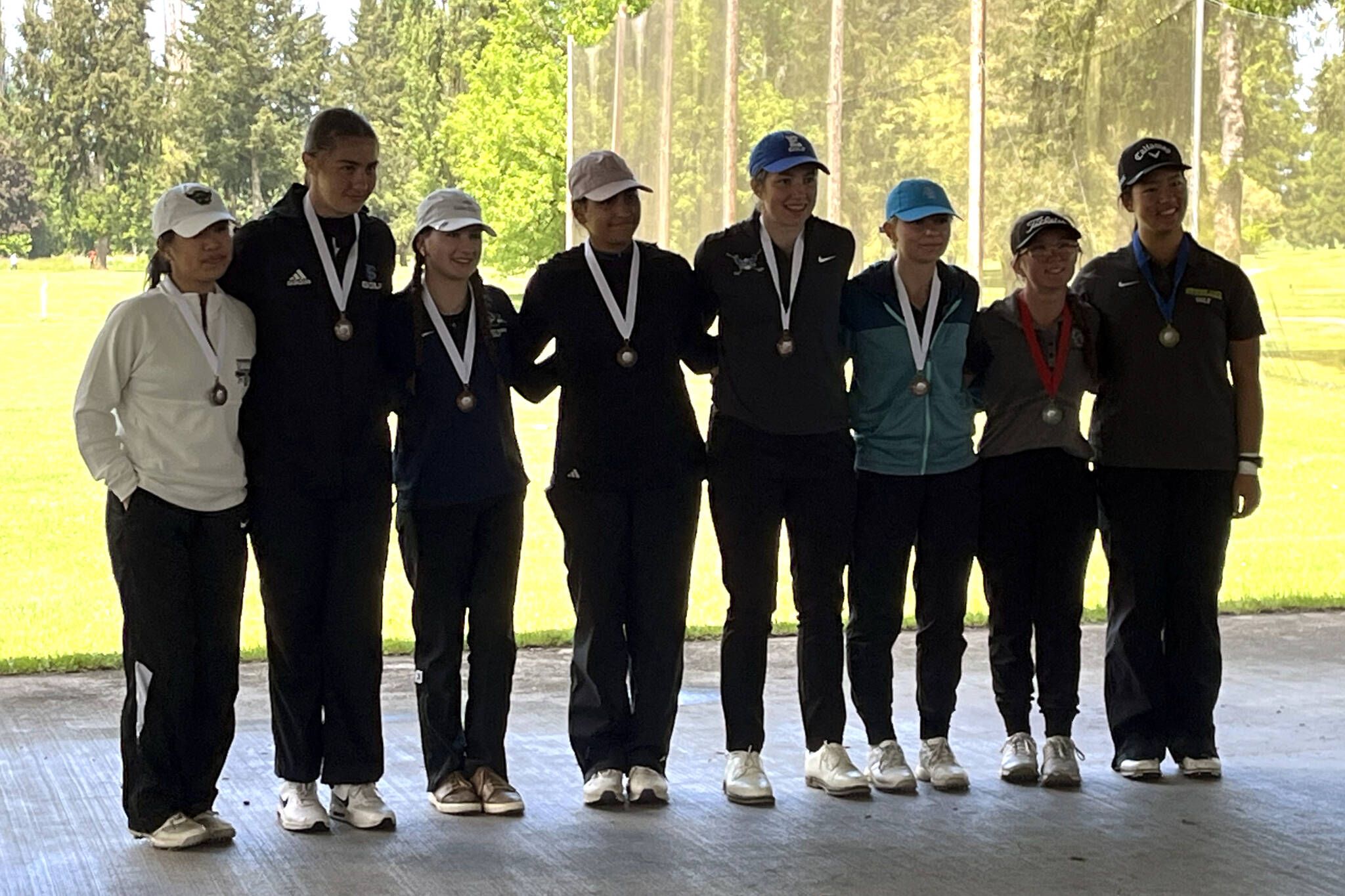 SUBMITTED PHOTO The 1A State All-State team of (from left) Overlake’s Sherry Fei, Freeman’s Lilly Knight, Forest Ridge’s Ava Jensen, Seattle Christian’s Ginevra Saloy, Elma’s Olivia Moore, Life Christian’s Makenna Kelpman, Montesano’s Hailey Blancas and state-champion Kendria Wang of Overlake pose for a photo at the conclusion of the 1A State Championship on Wednesday in Liberty Lake.