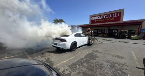 A car was destroyed by fire in a grocery store parking lot in Aberdeen Wednesday. (Aberdeen Fire Department)