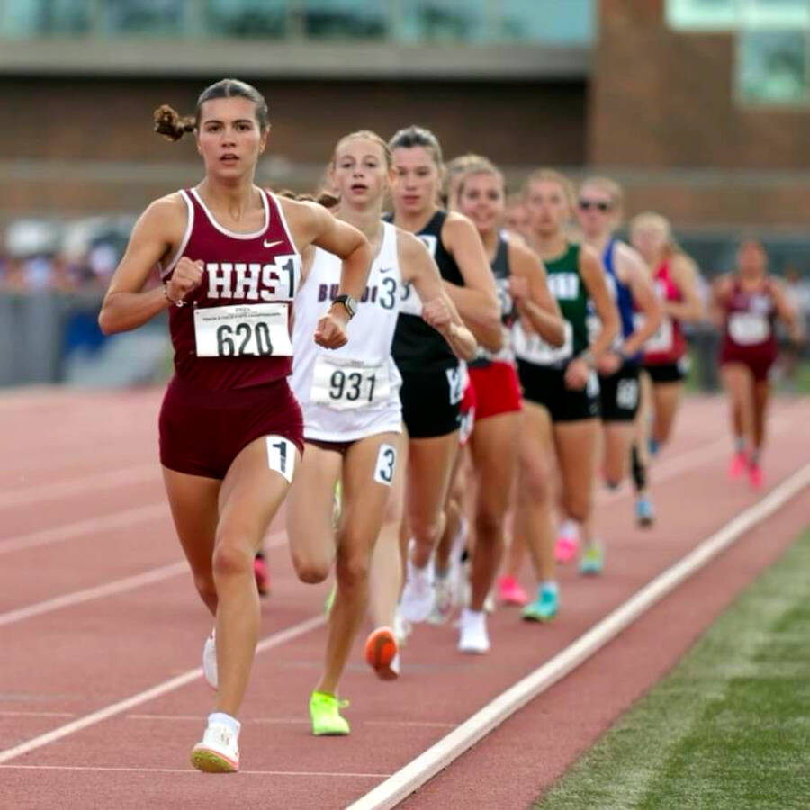 SUBMITTED PHOTO Hoquiam’s Jane Roloff (620) leads Montesano’s Haley Schweppe (931) and the rest of the field during a race at the WIAA 1A State Championships this past weekend at Eisenhower High School in Yakima.