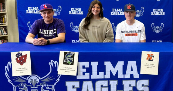 SUBMITTED PHOTO Elma High School seniors (from left) Carter Studer, Callie Galligan and Grant Vessey signed Letters of Intent to play their respective sports at the collegiate level in the fall.