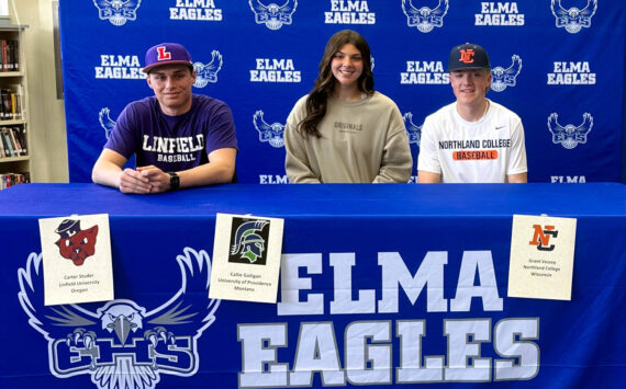 SUBMITTED PHOTO Elma High School seniors (from left) Carter Studer, Callie Galligan and Grant Vessey signed Letters of Intent to play their respective sports at the collegiate level in the fall.