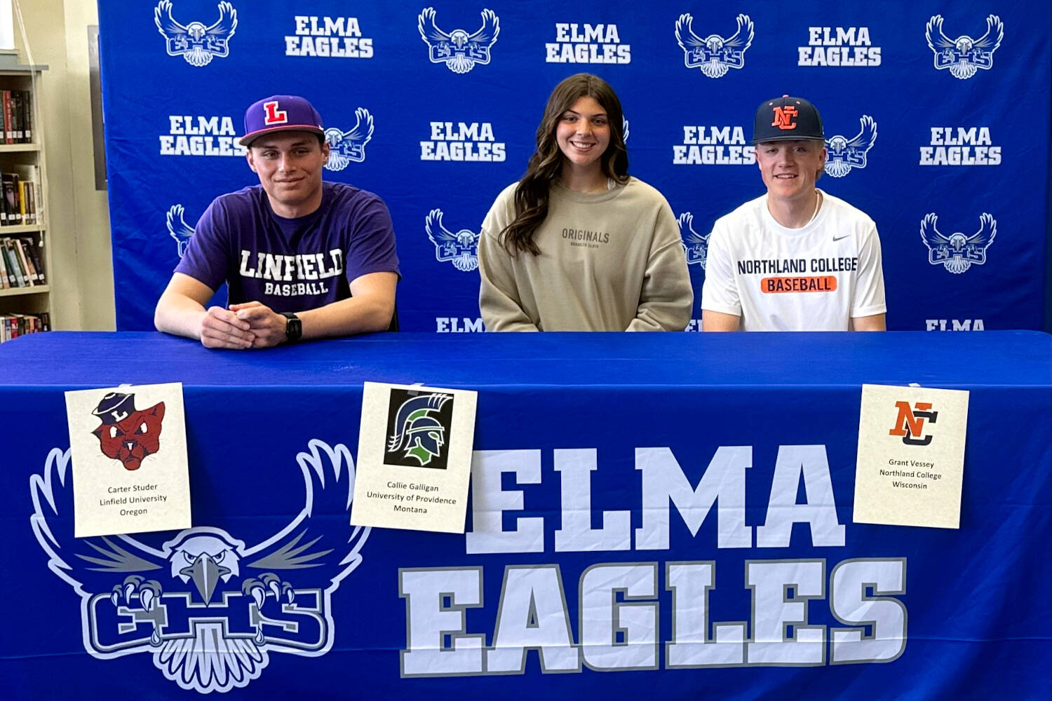 SUBMITTED PHOTO Elma High School seniors (from left) Carter Studer, Callie Galligan and Grant Vessey signed Letters of Intent to play their respective sports at the collegiate level in the fall.