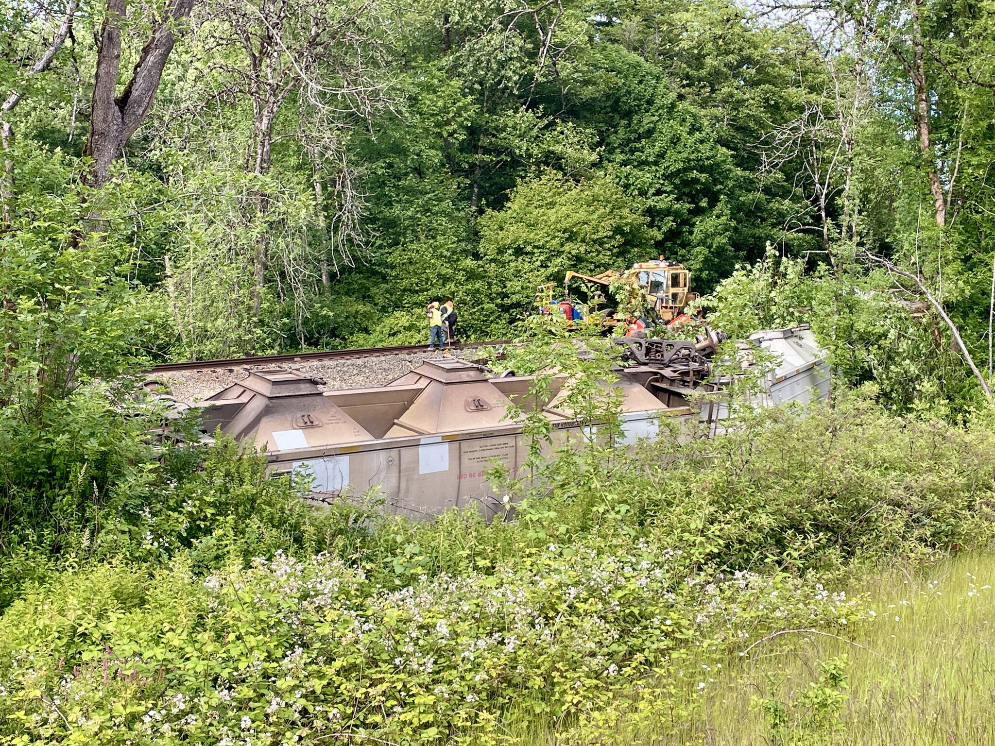 Several train cars carrying soybeans derailed near Oakville on Monday morning. (Michael S. Lockett / The Daily World)