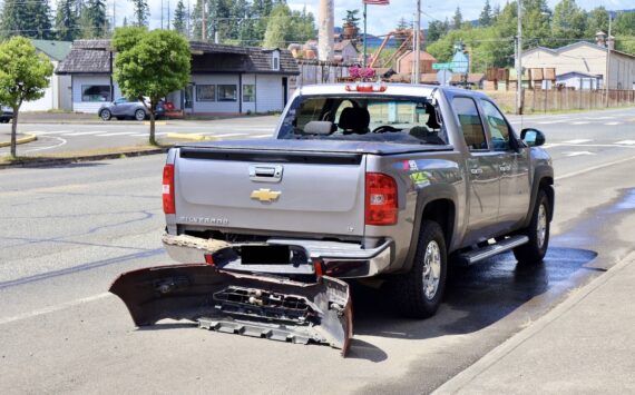 Damage is evident to a vehicle struck by gunfire in a road rage-related incident near McCleary, including the bumper of the suspect vehicle caught on the trailer hitch. (Michael S. Lockett / The Daily World)