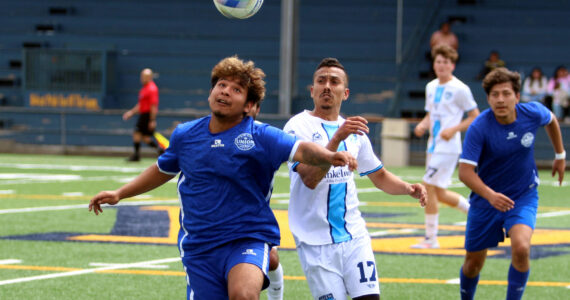 RYAN SPARKS | THE DAILY WORLD Grays Harbor Gulls midfielder Irvin Vincente (17) battles for possession during a 3-2 loss to Twin City Union on Sunday at Stewart Field in Aberdeen.