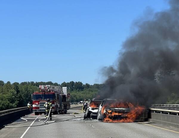 Two cars were destroyed in a motor vehicle crash near Montesano on Sunday. (Courtesy photo / Washington State Patrol)