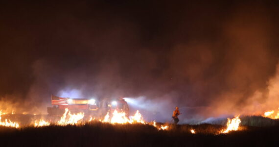 A dune grass fire lights up the sky on the Fourth of July. (Michael S. Lockett / The Daily World)