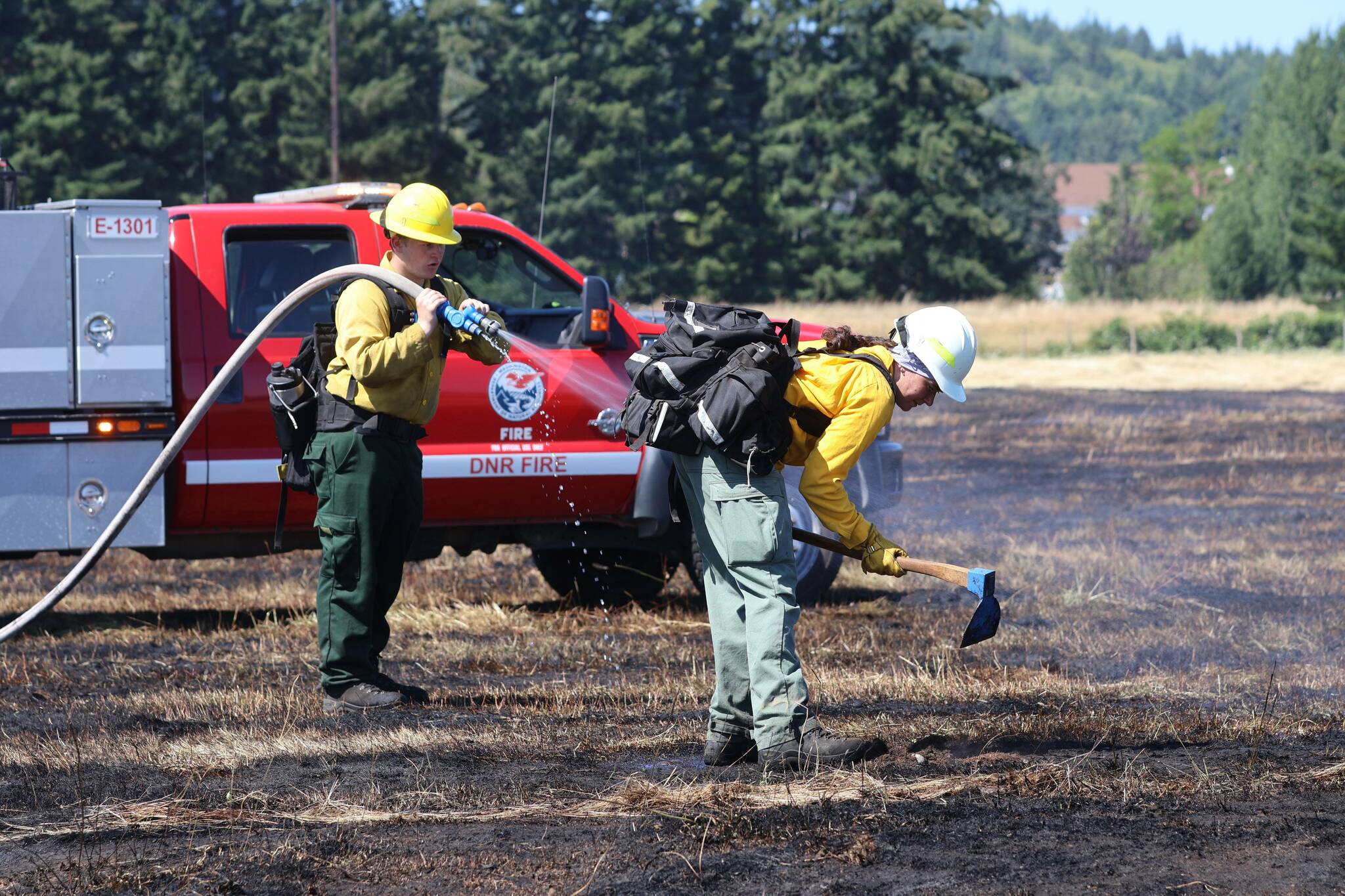 DNR wildland firefighters extinguish hotspots from a grass fire near Elma on Saturday. (Michael S. Lockett / The Daily World)