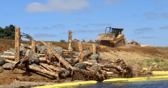 Michael S. Lockett / The Daily World
Machinery works around a new-built earthwork at a river conservation project on the Satsop River.