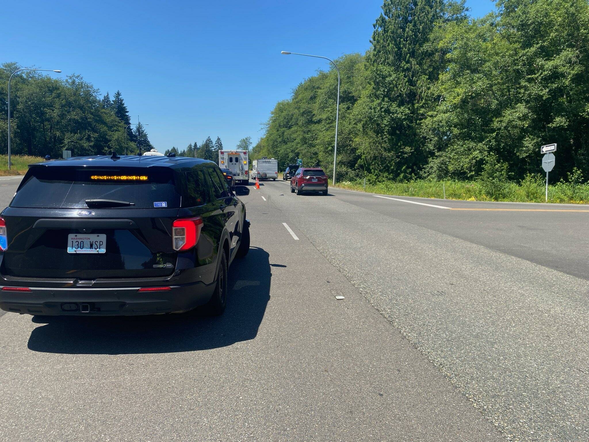 A couple driving a motorhome struck a vehicle crossing the highway near McCleary, resulting in the death of the driver. (Courtesy photo / WSP)