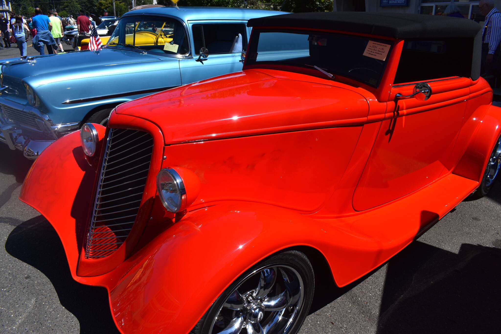 Matthew N. Wells / The Daily World
Keith Mahaulu’s 1934 Ford Cabriolet took the Participant’s Choice award at the Historic Montesano Car Show on Saturday. The viper red Ford was one of many classic cars to cause people to stop and stare, and hopefully not drool.