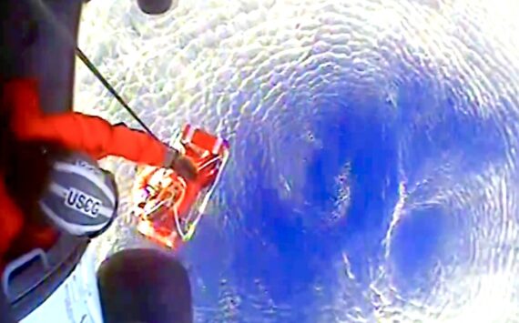 Courtesy photo / USCG
A Coast Guard aircrew rescued a mariner from a vessel taking on water 95 miles off Westport on Monday.