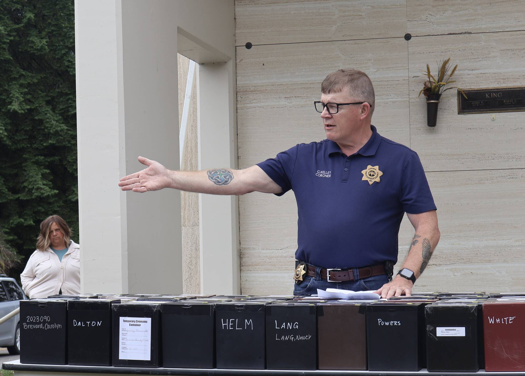 County Coroner George Kelley speaks during a brief ceremony, interring the unclaimed dead. (Michael S.Lockett / The Daily World)