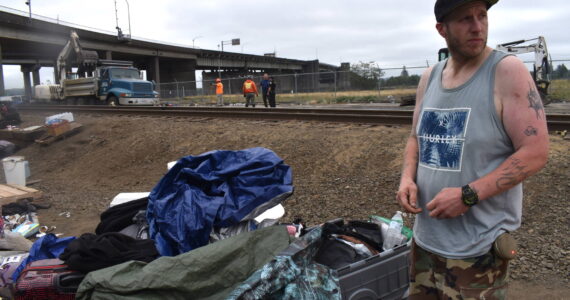 Matthew N. Wells / The Daily World
Steve McAllister, an unhoused Aberdeen resident, has to find a new place to stay. He’s employed but he needs time to save up for a place of his own.