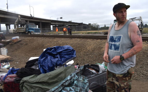 Matthew N. Wells / The Daily World
Steve McAllister, an unhoused Aberdeen resident, has to find a new place to stay. He’s employed but he needs time to save up for a place of his own.