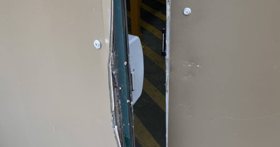 Grays Harbor Sheriff’s Office
Damage to the door as a result of a forced entry into a business during a burglary spree is visible.